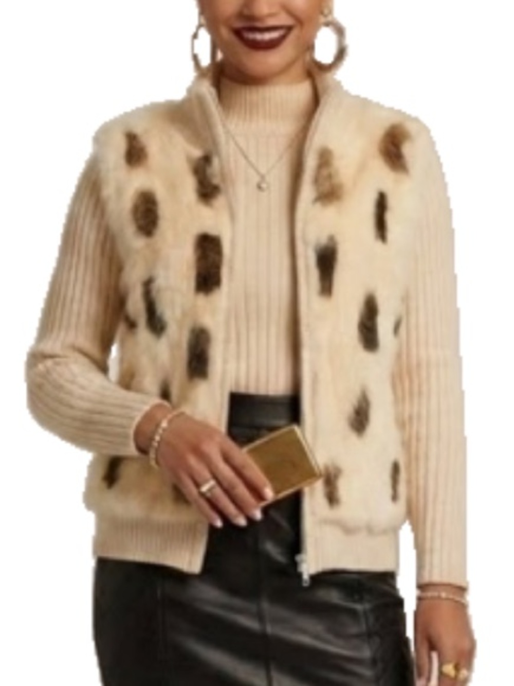 Vintage Rochelle Genuine Rabbit Fur Wool Blend Zip Sweater Jacket L
